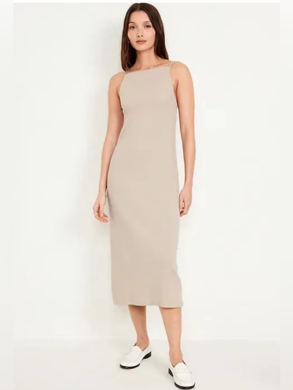 Old Navy Rib Knit Midi Dress XL Taupe Neutral Sleeveless Spaghetti Strap